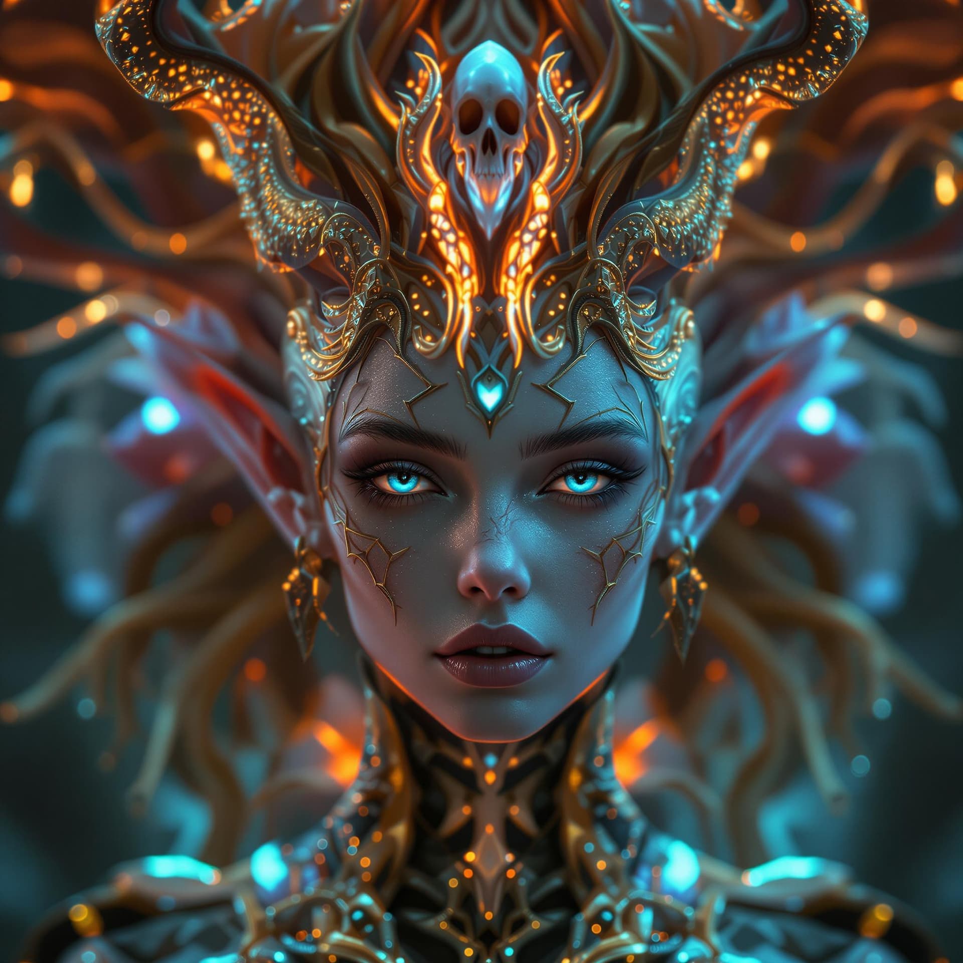 AI generated: Female elf close-up portrait ribcagel. phoenix head,  orchid, skull,  bioluminiscent sprites and fae...