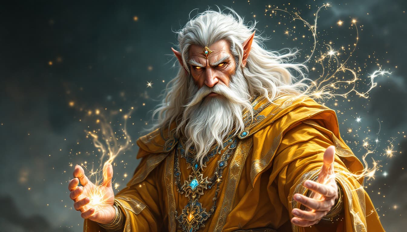 AI generated: Um ancião majestoso e imponente com longos cabelos e barba branca, vestindo uma túnica dourada cinti...