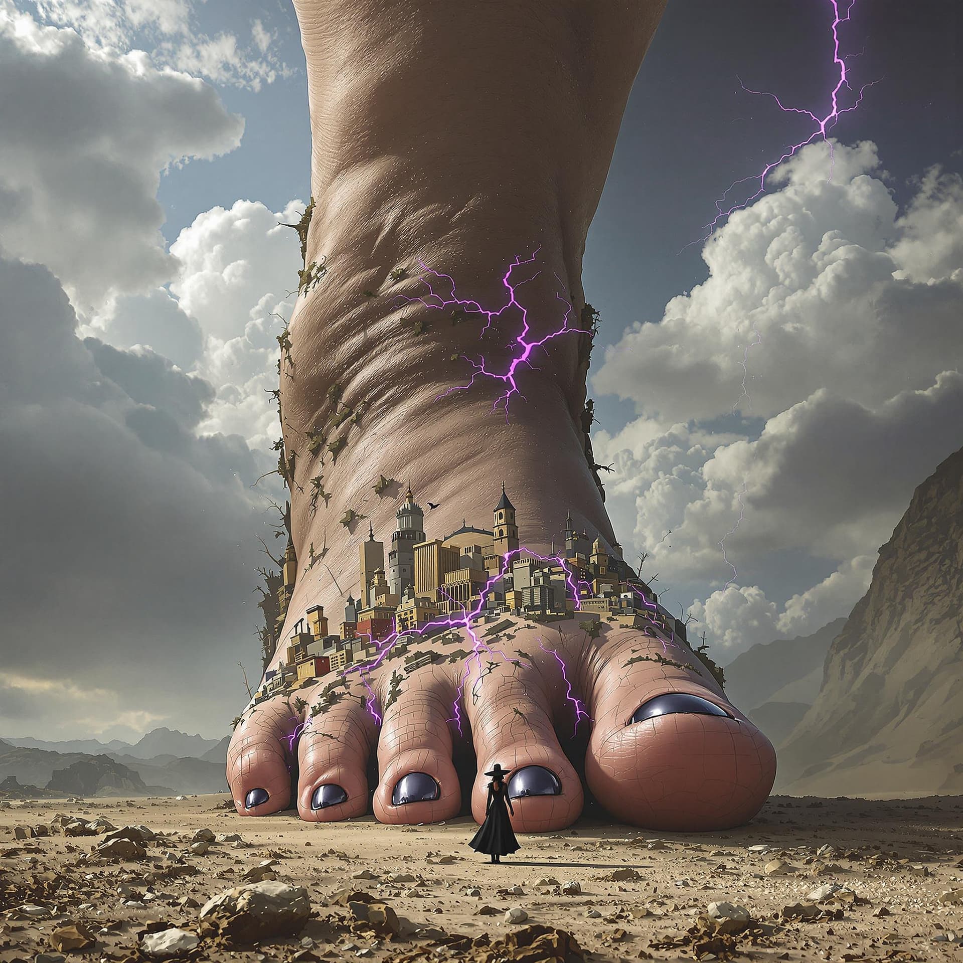 AI generated: 5 toes on foot, enormous giantess female Rhea Ripley from WWE with black medium length hair and stra...