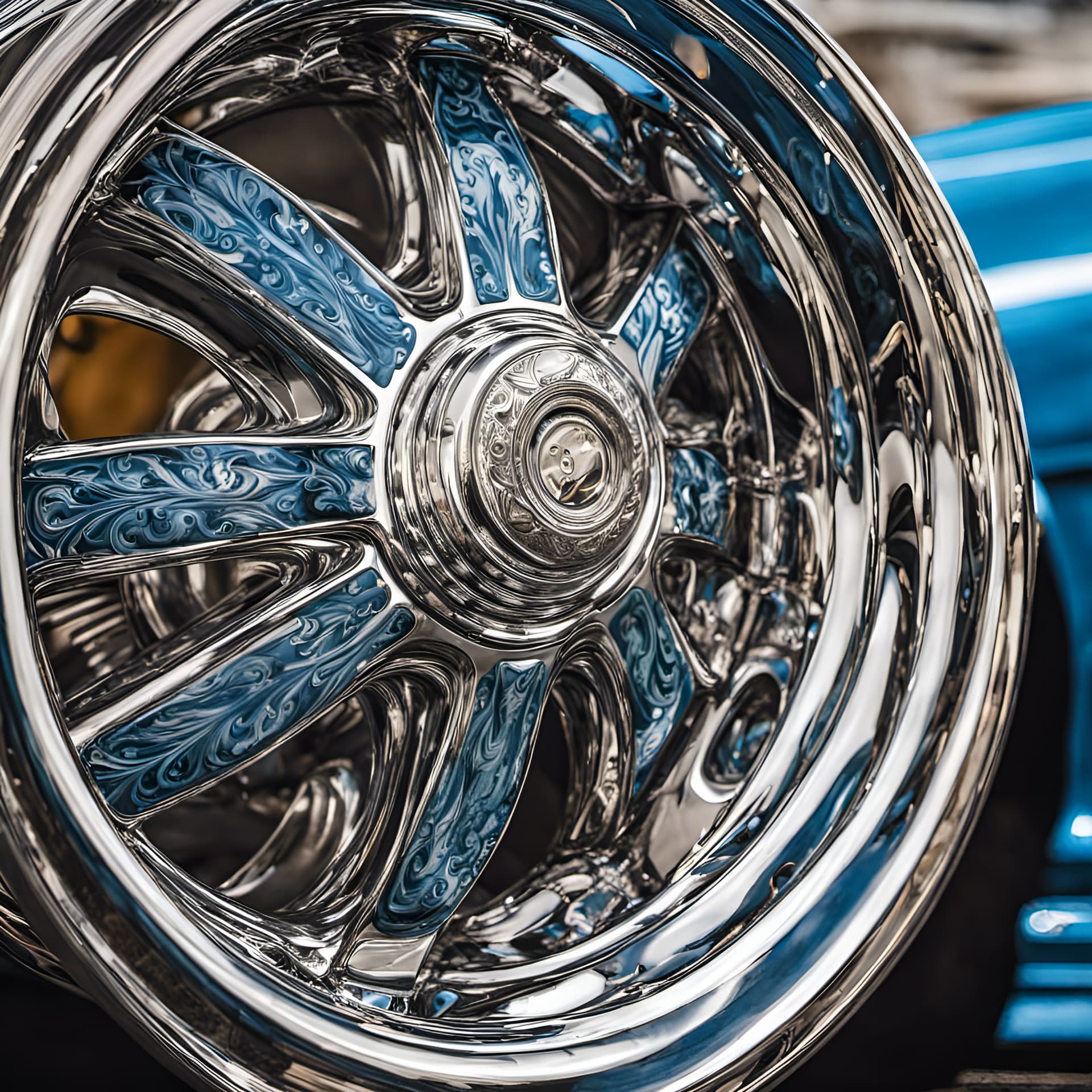 AI generated: full view of a lowrider's gleaming chrome wheels engraved with patterns, colors chrome and blue with...