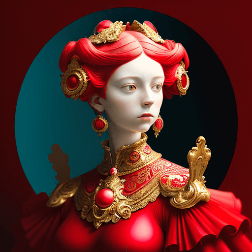 AI generated: a female in a red outfit standing, light cyan and gold, digitally manipulated images, spherical scul...