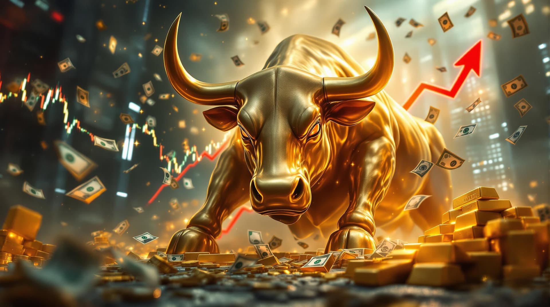 AI generated: A powerful cinematic-style YouTube thumbnail showing a massive golden bull statue (symbolizing a bul...