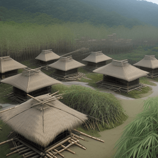 AI generated: dispersed cluster of bamboo huts settlemen
ts in a coarse land overrun by bamboos 