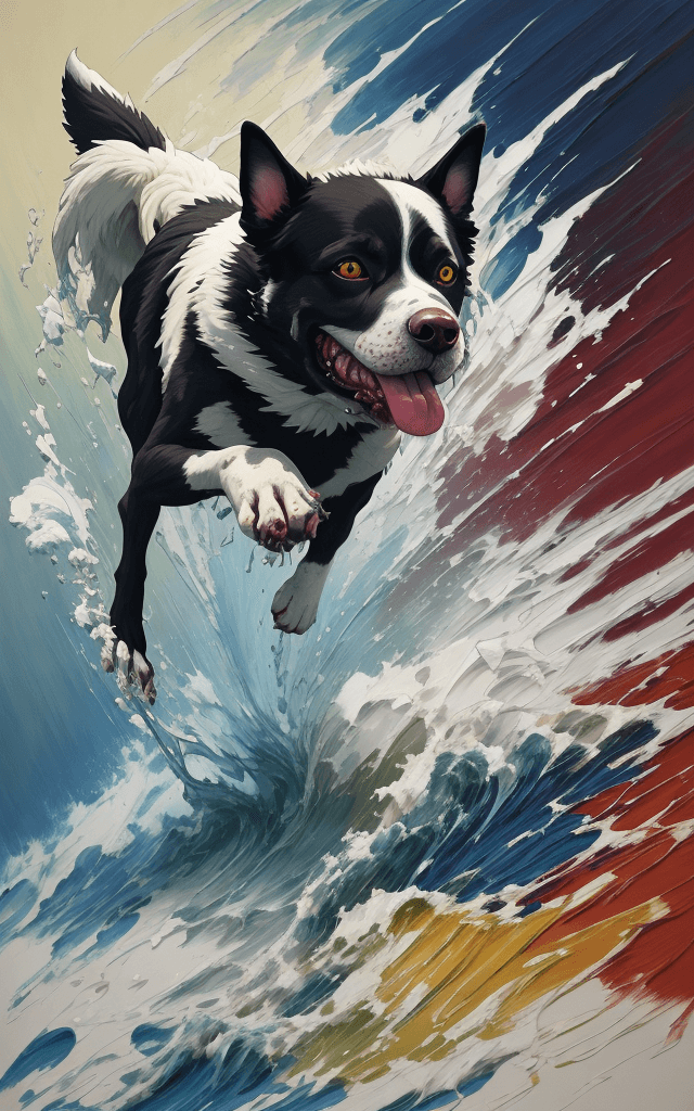 AI generated: Acrylic painting of a demented dog, vivid and expressing an intense emotion as it launches forward i...