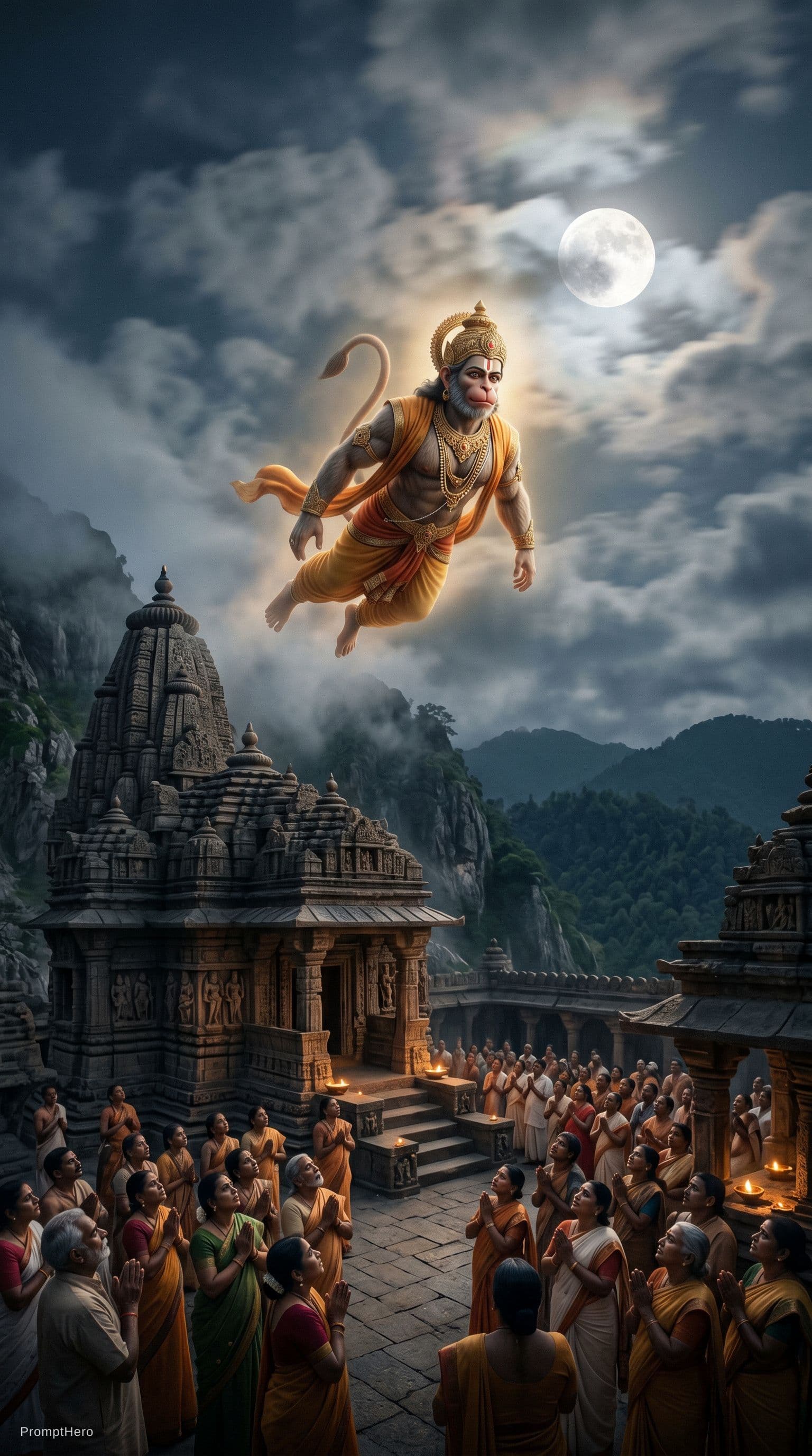 AI generated: Ultra realistic Lord Hanuman flying slowly above an ancient mountain temple while countless devotees...