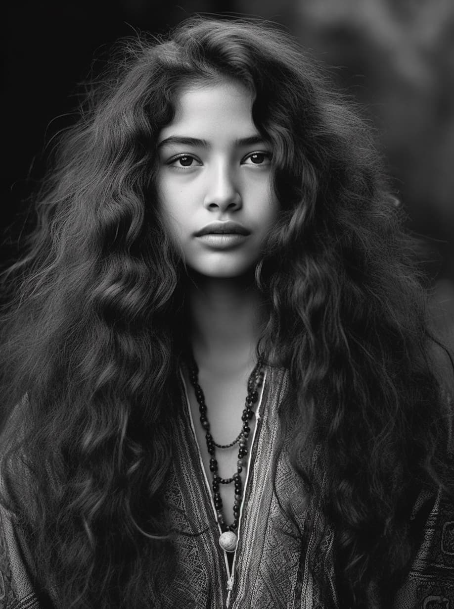 AI generated: Black and white photo of a woman with long hair, philippines, middle eastern details, young himalaya...