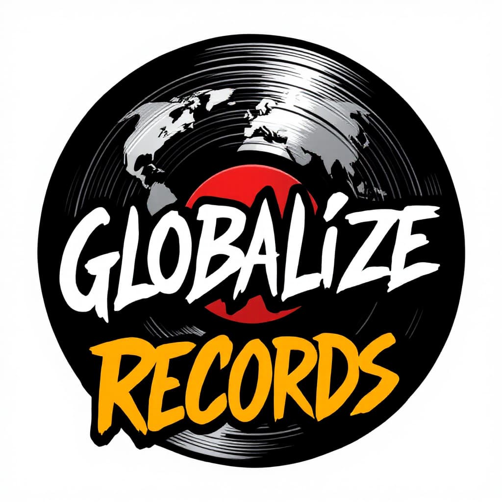 AI generated: A minimalist logo featuring the text "Globalize Records" in bold, graffiti-inspired font with sharp ...