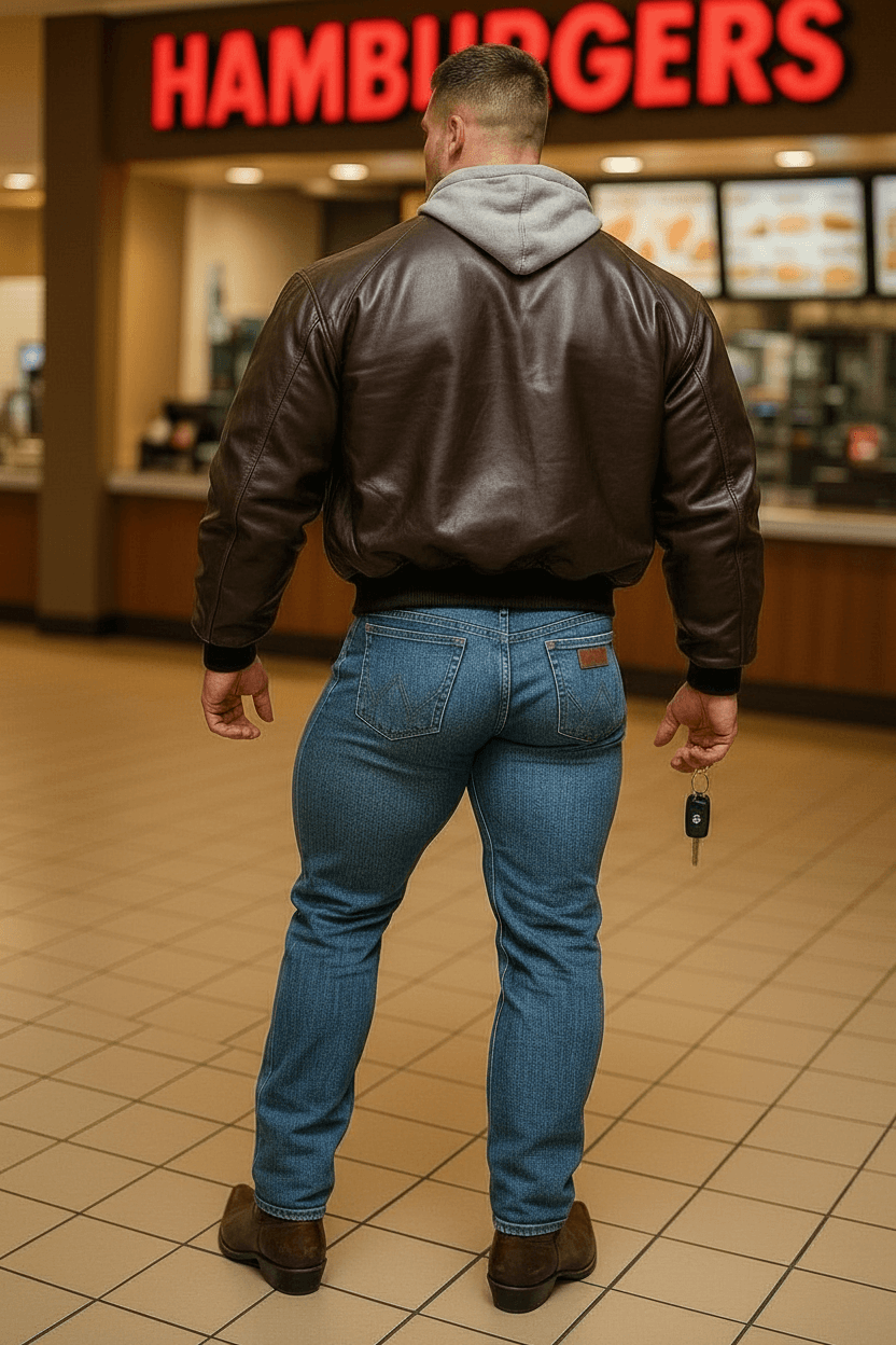 AI generated: The male is wearing a dark brown leather jacket. No bag, instead he is holding car keys. He has a bi...