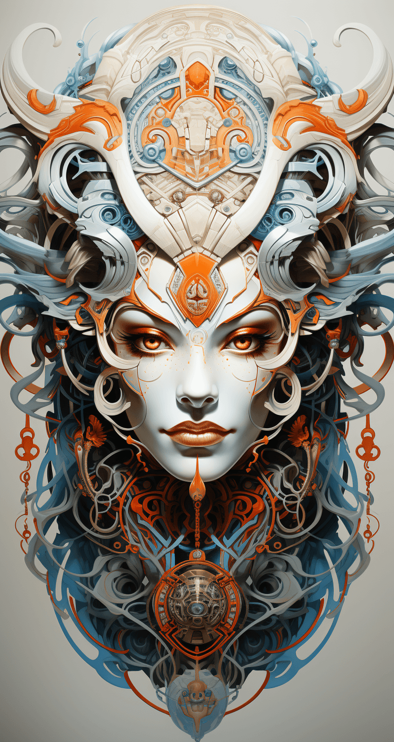 AI generated: a portrait of a metal creature with horns, in the style of james jean, retro-futuristic cyberpunk, b...