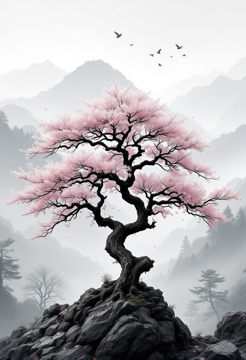 AI generated: Traditional Japanese cherry tree with a naturally twisted trunk and realistic branch structure. The ...