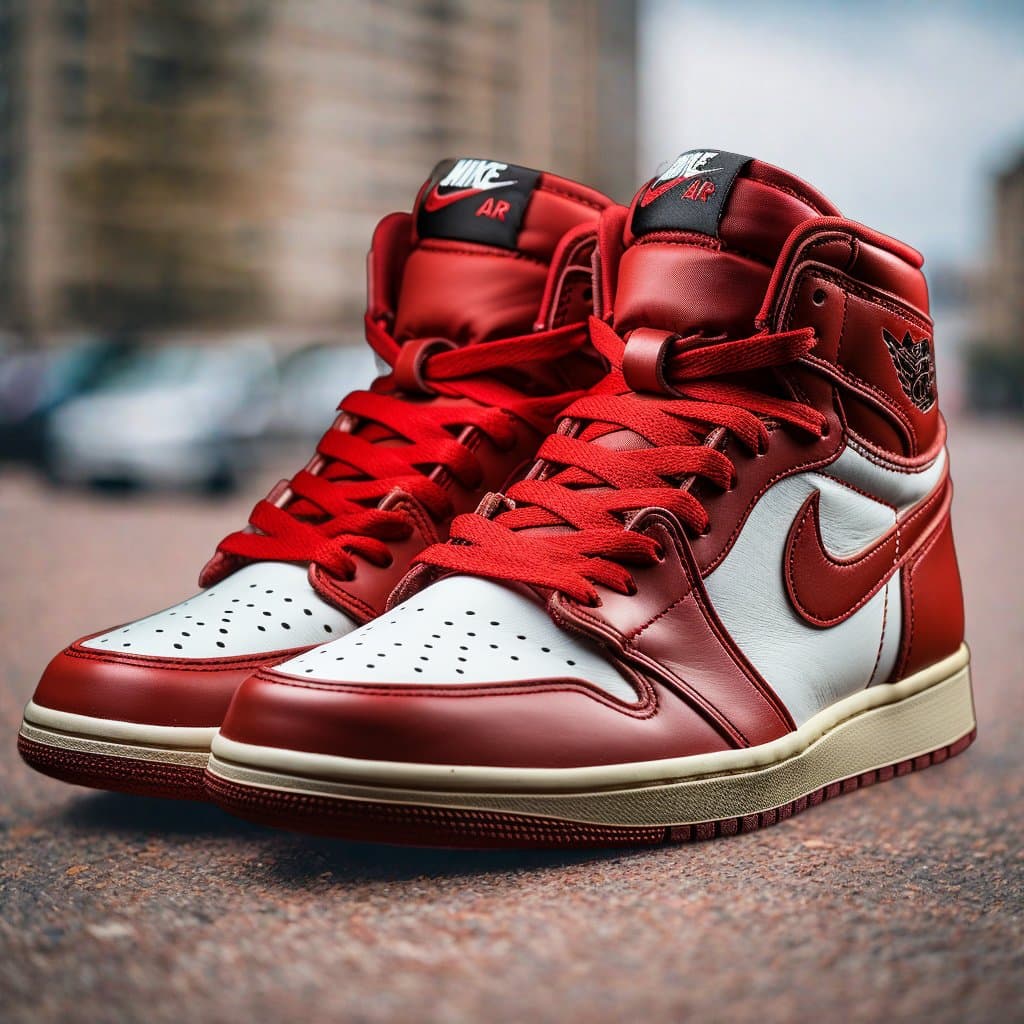 AI generated: a pair of nike Air Jordan snipes | white and red | empty background | commercial shot --s 750