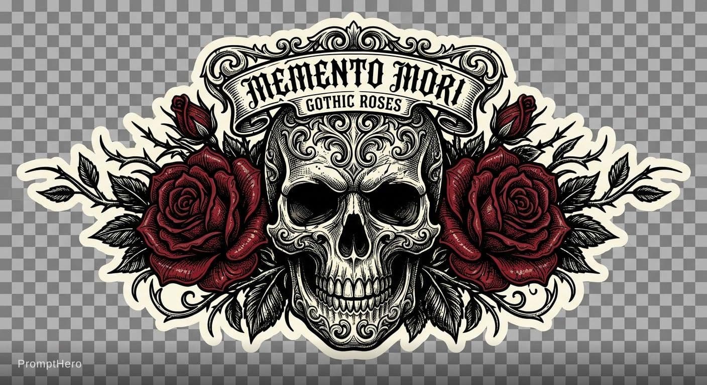 AI generated: gothic skull with roses, dark vintage tattoo style, black and red color palette, detailed vector art...