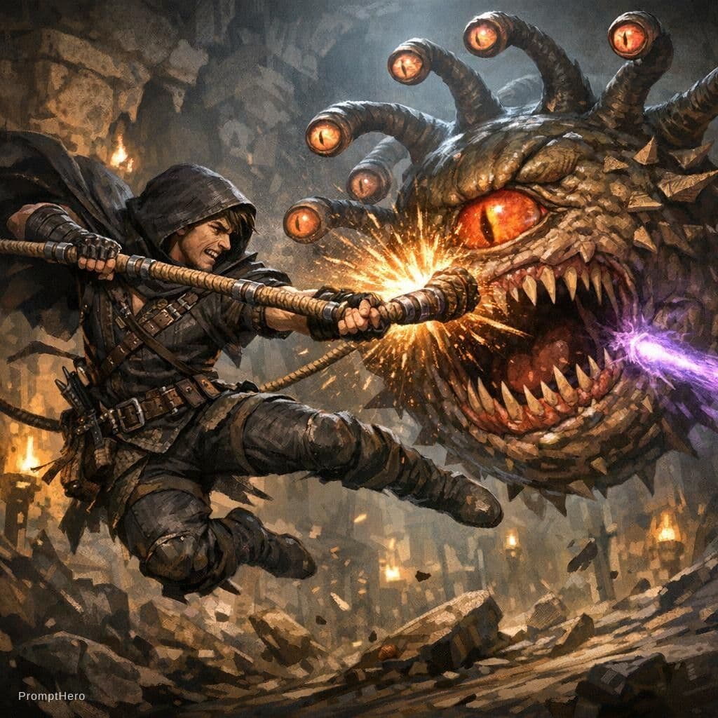 AI generated: A human male thief agile and fast using a rod of ropes fighting a beholder in a dnd.
