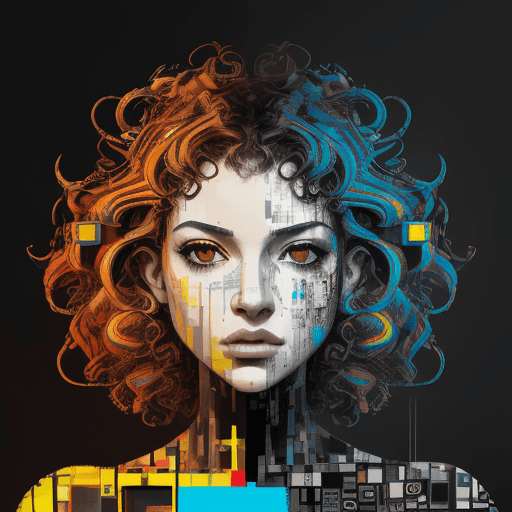 AI generated: female face with curly thick hair, geometric abstract portrait, bright vibrant colorful, gritty, cyb...