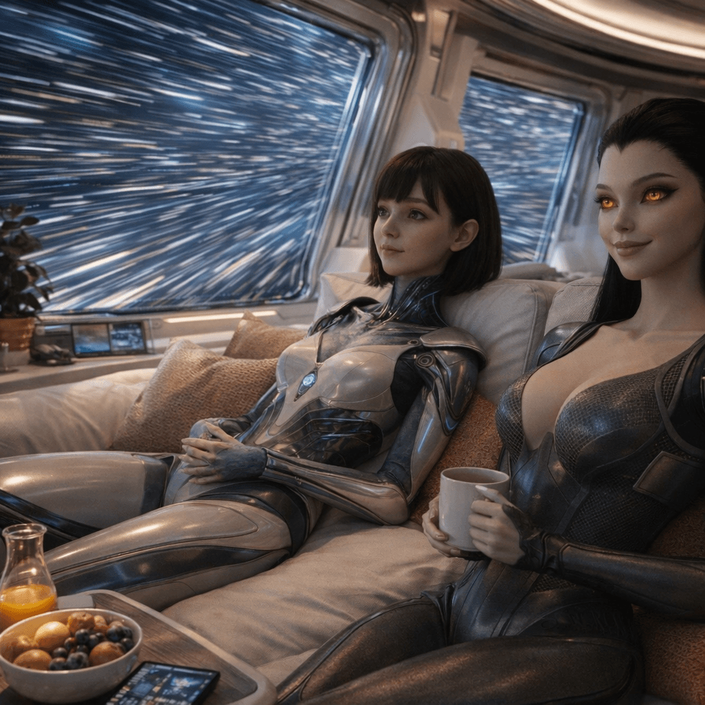 AI generated: Using the reference image, show the characters resting or entertaining calmly and comfortably on a s...
