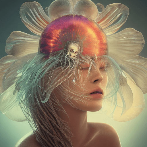 AI generated: Goddess close-up portrait ribcagel. jellyfish phoenix head, nautilus, orchid, skull, betta fish, bio...