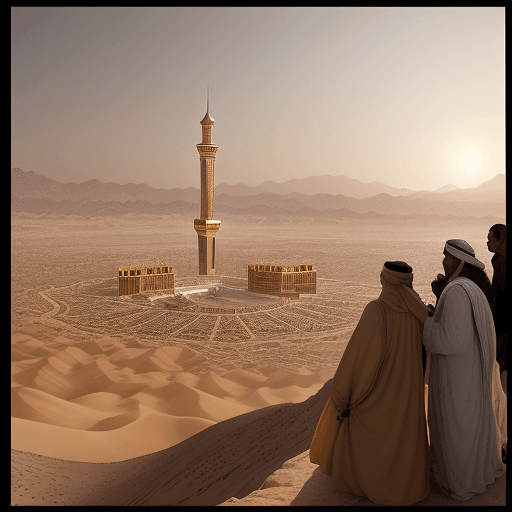AI generated: Generate an evocative image capturing desert surrounding Mecca, filled with an immense crowd gathere...