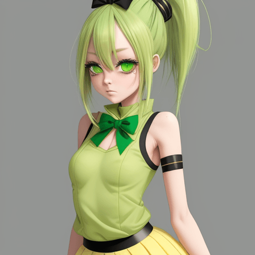 AI generated: Alien girl, skirt, green skin, green hair, ponytail, yellow bow, anime, high quality, shy, blushing