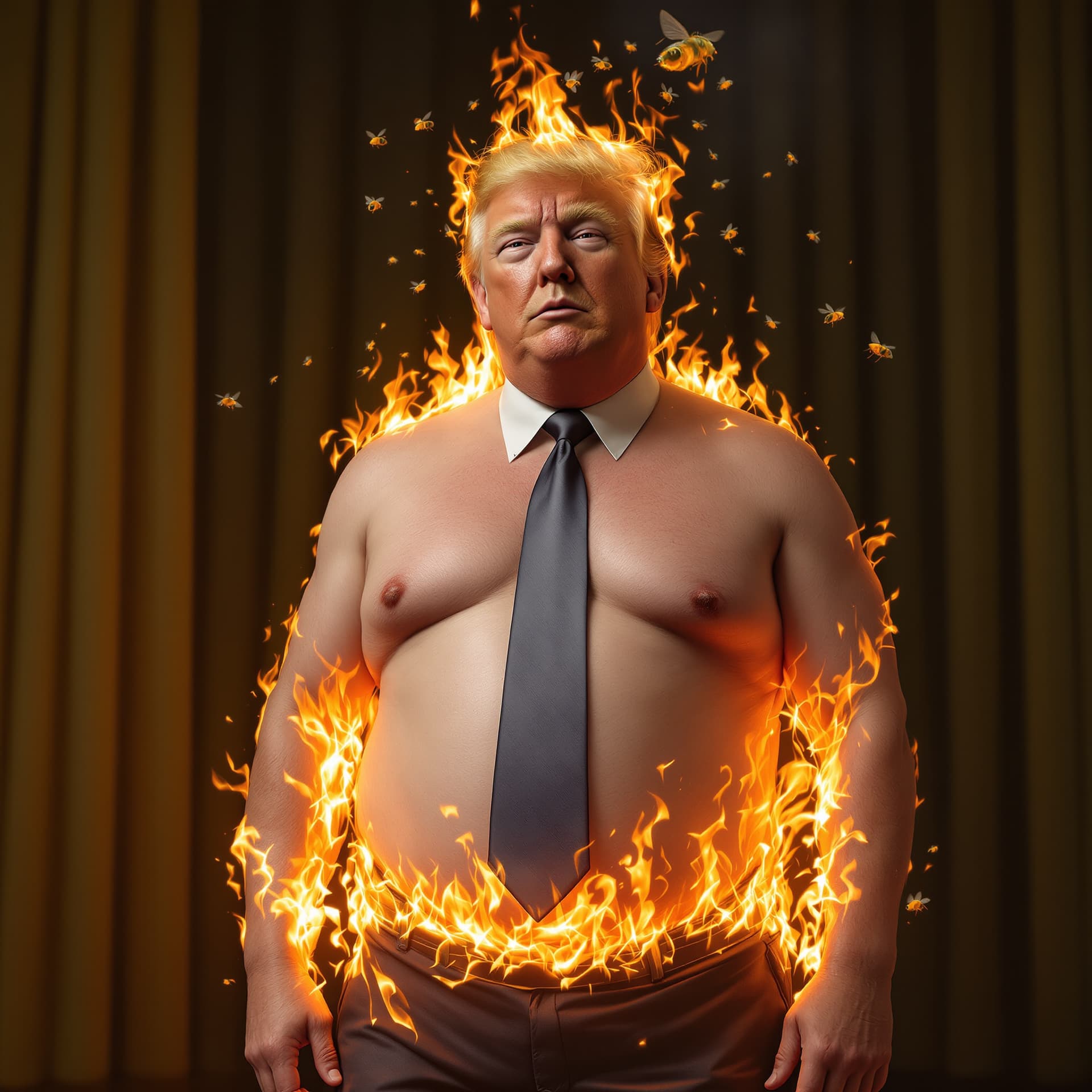 AI generated: Liar, Liar. Pants on fire. The President of the country. Standing up and facing the camera. High det...