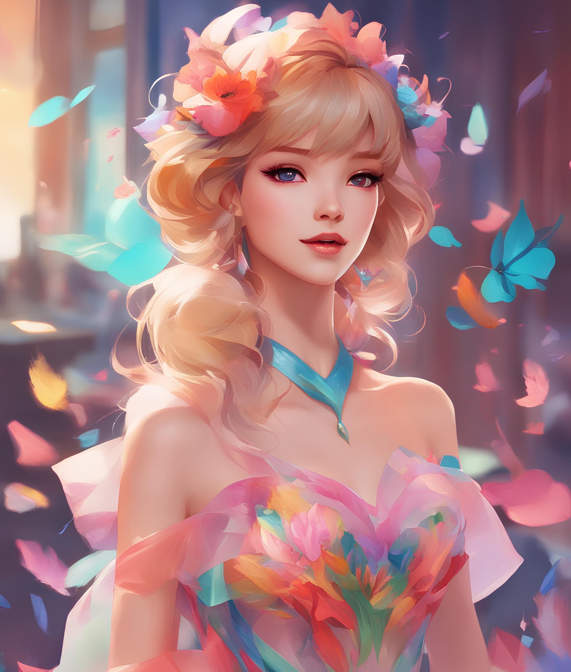 AI generated: a mannequin dressed in a multicolored dress, concept art, inspired by Yanjun Cheng, bastien grivet, ...