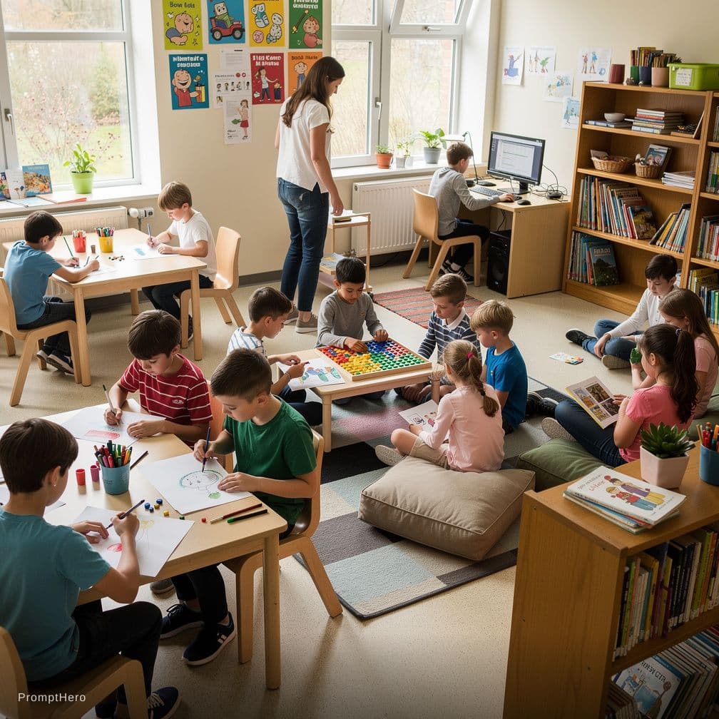 AI generated: nens i nenes treballant en una aula amb diferents propostes i accés. 
