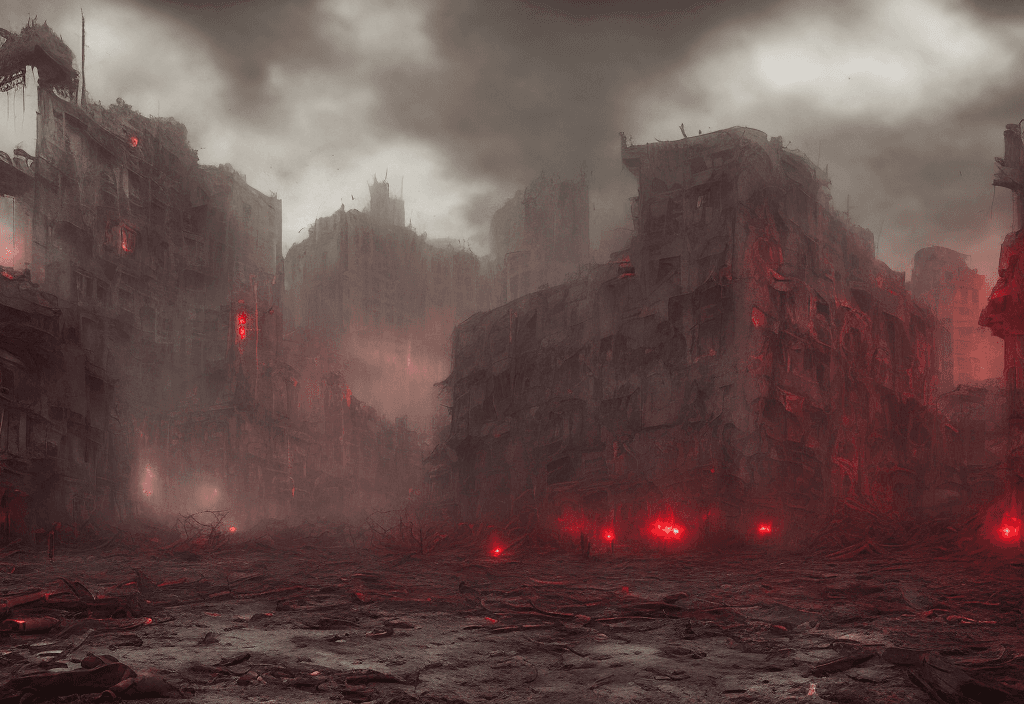 AI generated: dystopian city: Capture the extinct and perverted form of the ruined city in a baroque style photogr...