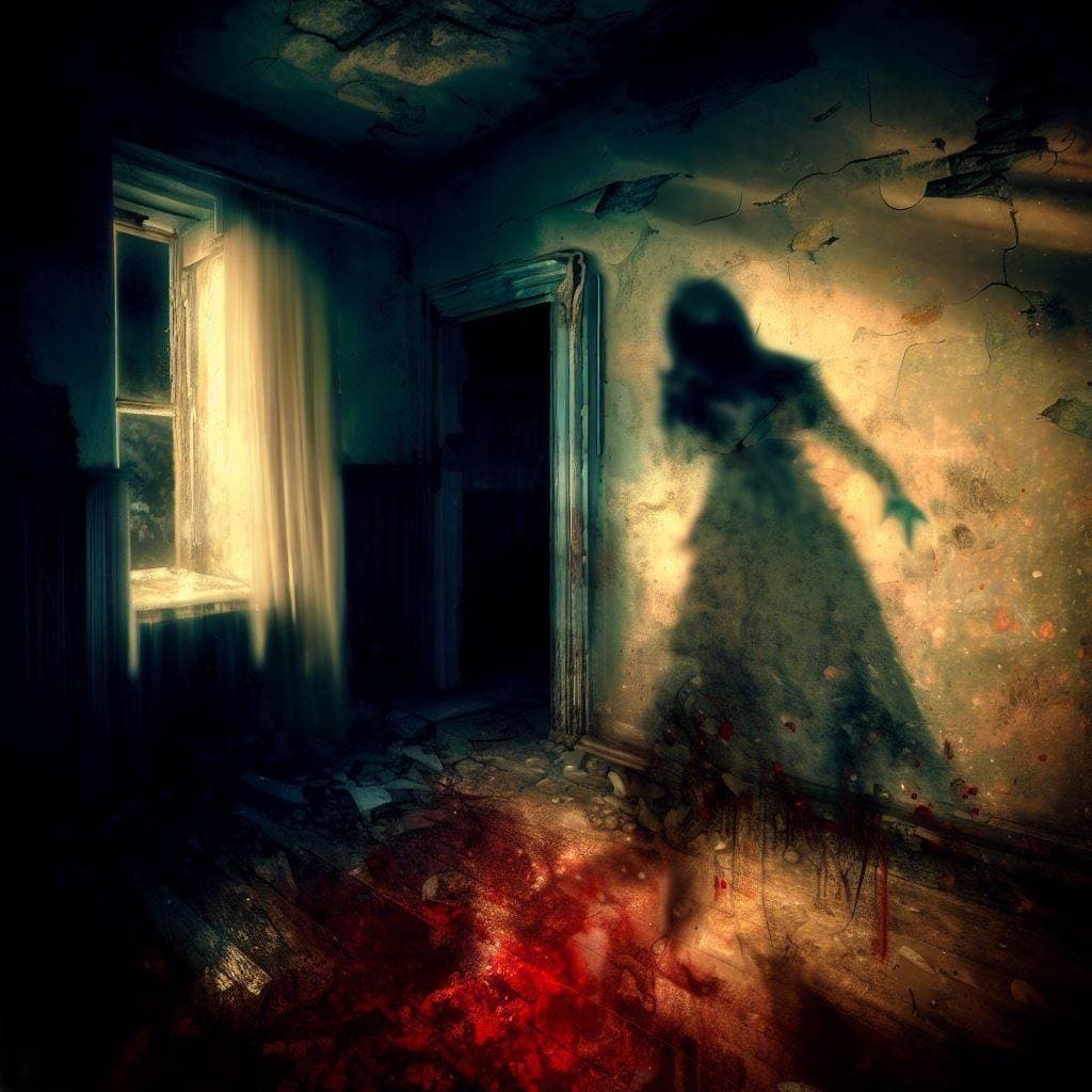 AI generated: An abstract disturbing eerie creepy abandoned house, with old decayed walls, blood stained floor, da...