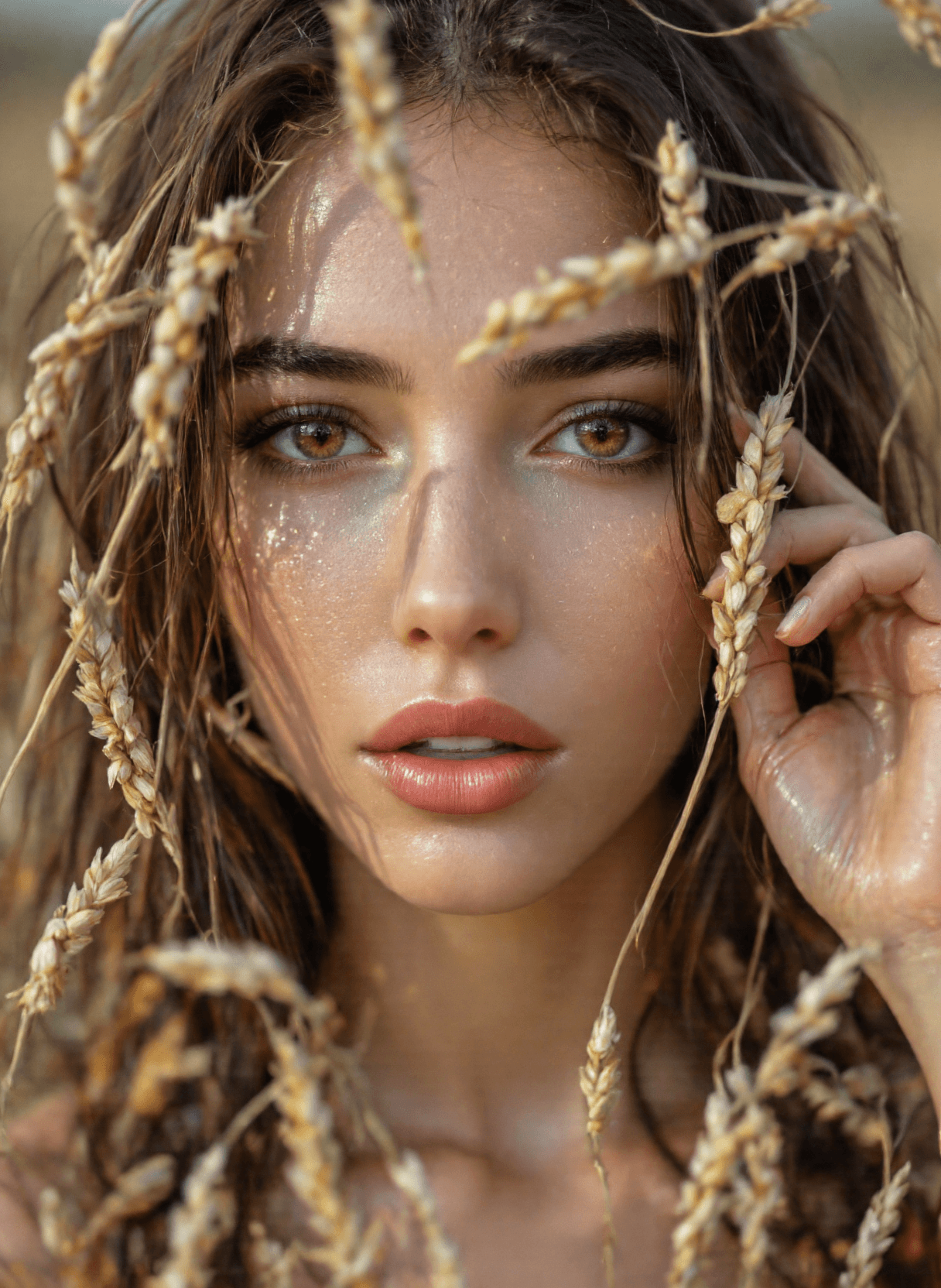 AI generated: The image is an artistic portrayal of a woman's face with wheat stalks intertwined around her hair. ...
