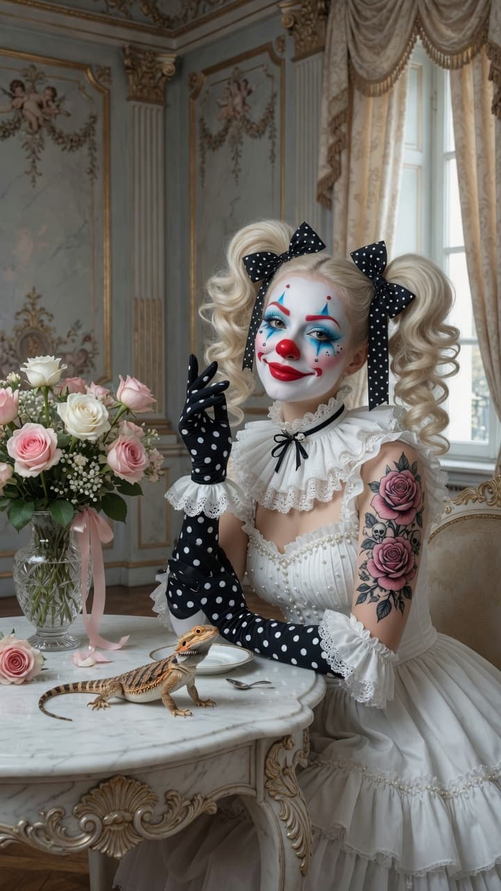 AI generated: A beautiful woman dressed as a feminine clown in an elegant Victorian-style white dress with ruffled...