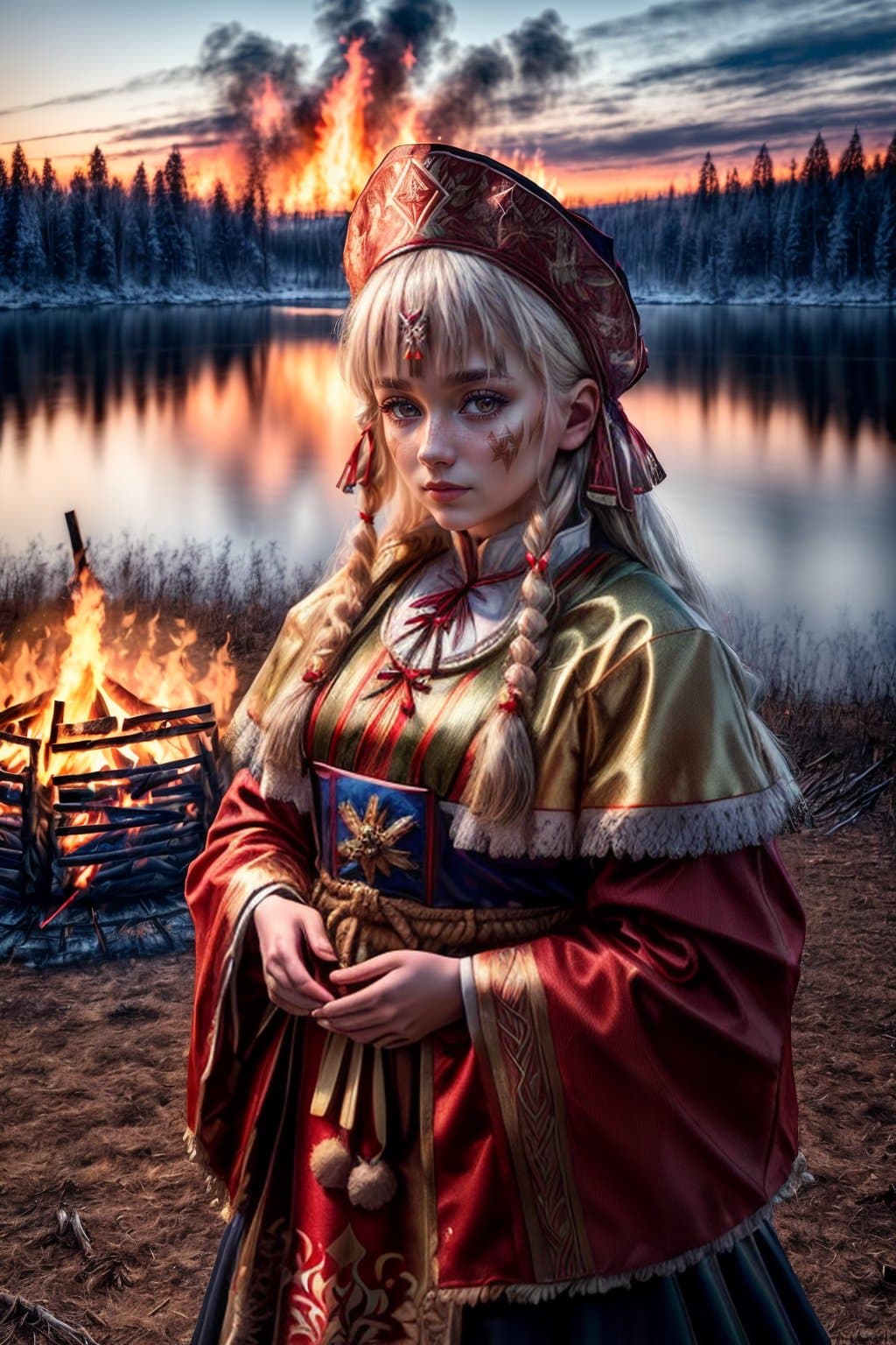 AI generated: (people in Slavic national costumes:1.3), (celebrating the New Year:1.1), (a forest lake and a large...