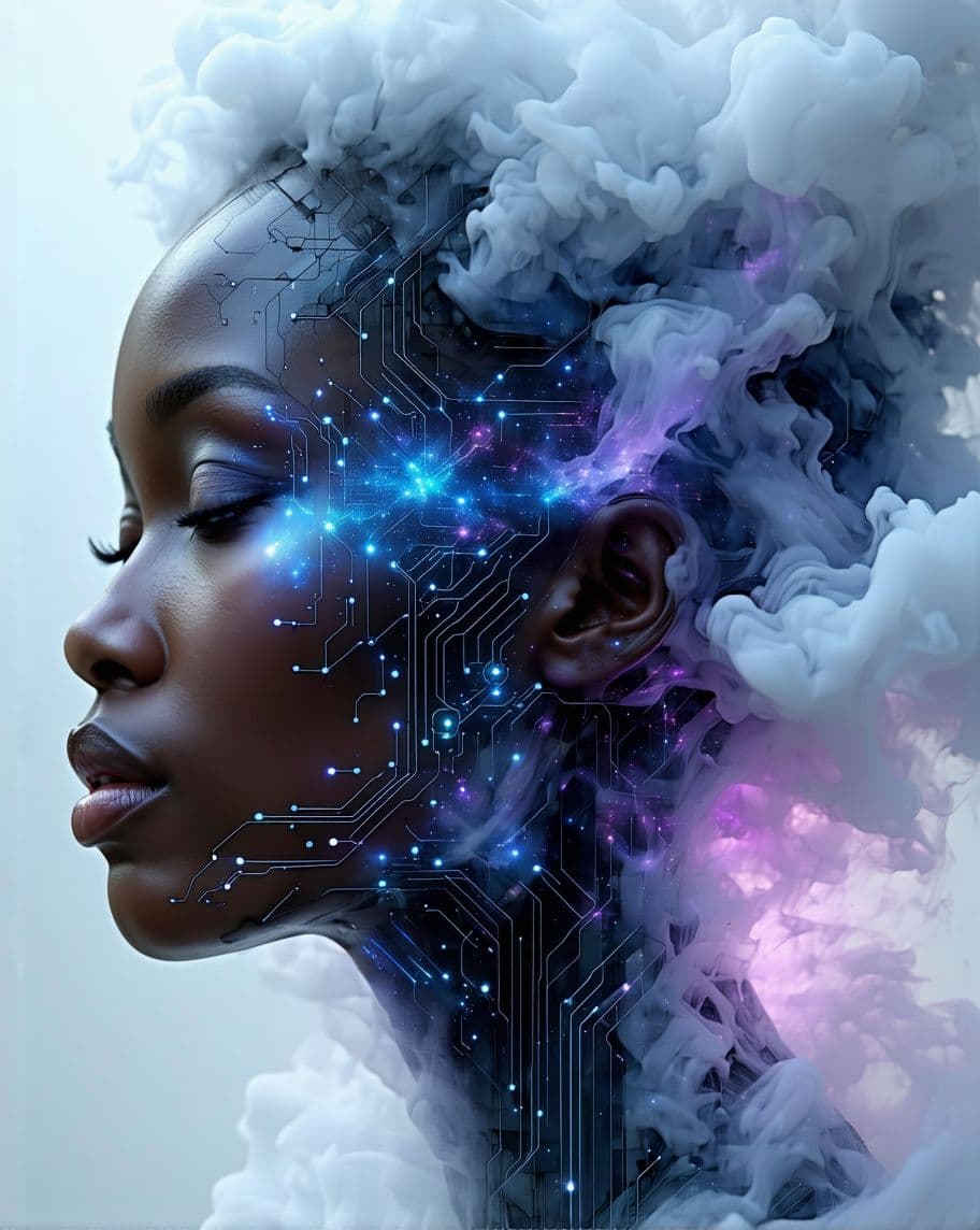 AI generated: The image is a digital painting depicting a futuristic African American woman-like head made of intr...