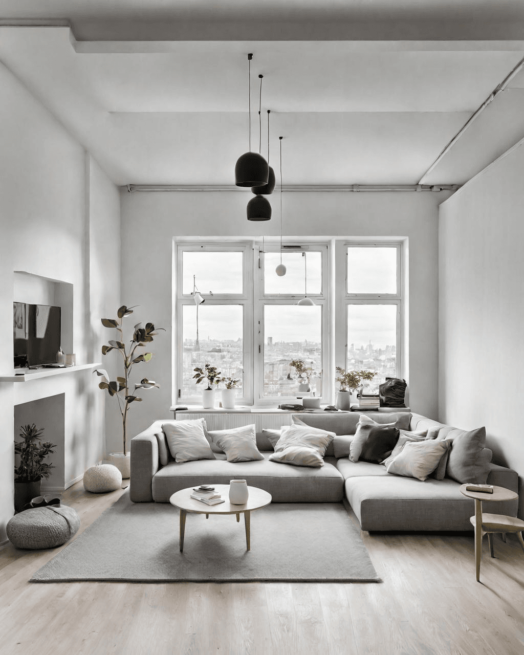 AI generated: interior design, scandinavian style, scandinavian design, white style, living room, modular furnitur...
