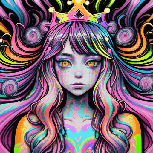 AI generated: a drawing of a girl with long hair and a crown on her head, dripping in neon paint, psychedelic aest...
