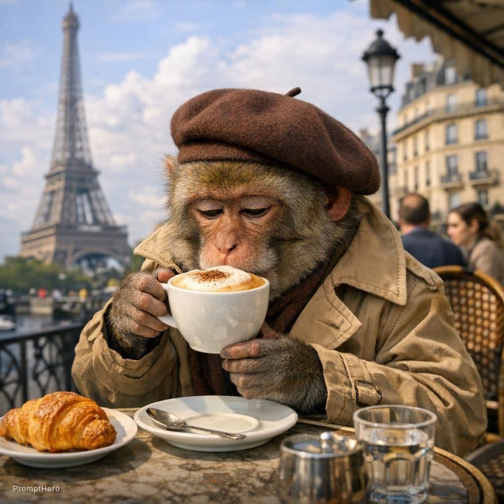 AI generated: a monkey sipping a cappuccino in paris