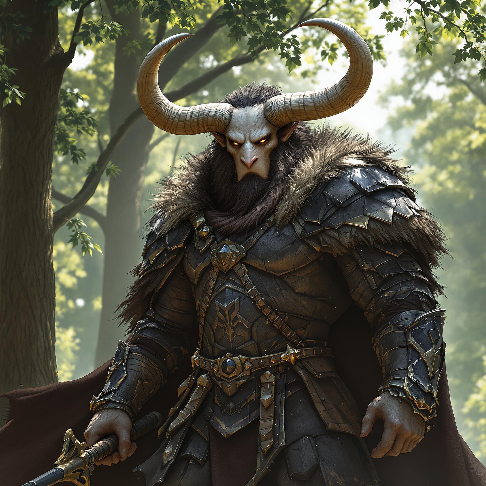 AI generated: A minotaur warrior, his face with humanoid features, clad in battered black armor. His fur-lined clo...