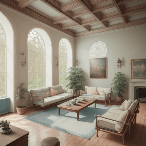 AI generated: High resolution photography interior design, dreamy sunken living room conversation pit, wooden floo...