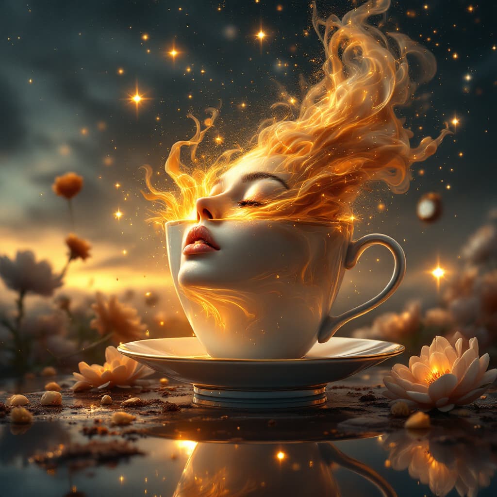 AI generated: A surrealist composition of a porcelain coffee cup floating in mid-air, pouring golden coffee that t...