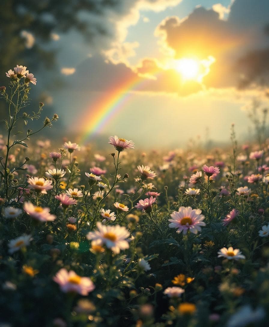 AI generated: "A vibrant rainbow glowing softly over a serene, untouched landscape, delicate wildflowers in full b...