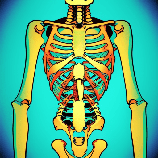 AI generated: a human skeleton in which the spinal column is highlighted, in a pop art style, in bright colors. 