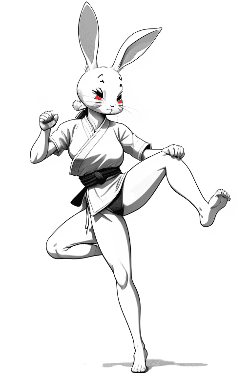 AI generated: sketch, no color, cartoon, line art, 2D, rabbit woman, rabbit legs, monk, martial arts kick