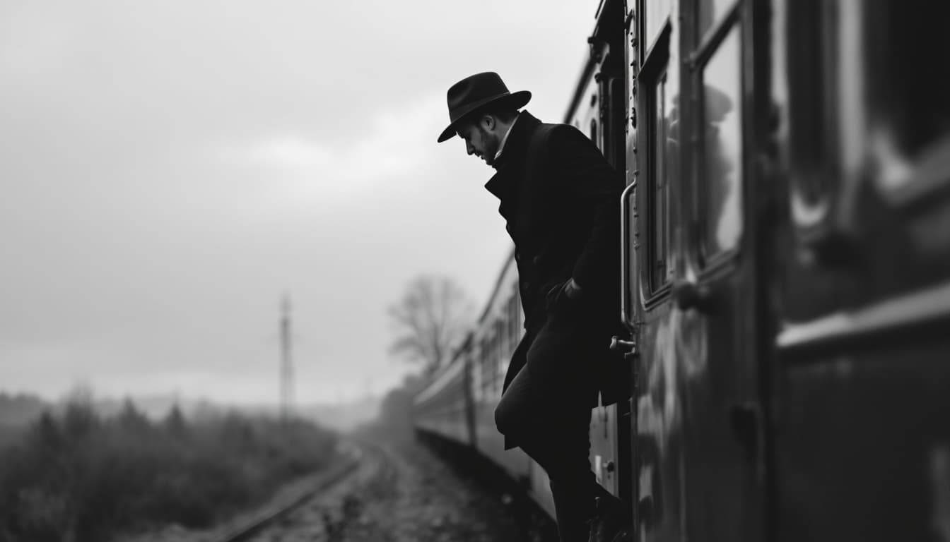 AI generated:  high definition black n white - camera shot from distance- man in black coat and hat stepping down ...