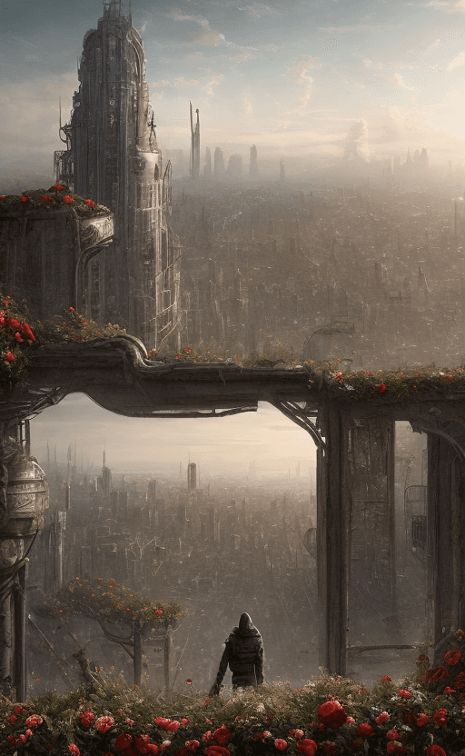 AI generated: post-apocalyptic panoramic cityscape with a dark hooded man holding a bouquet of roses in one hand o...