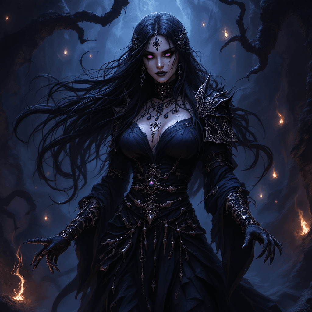 AI generated: 23. The Abyssal Warlock: A mysterious and powerful sorceress with long, flowing, black hair often st...