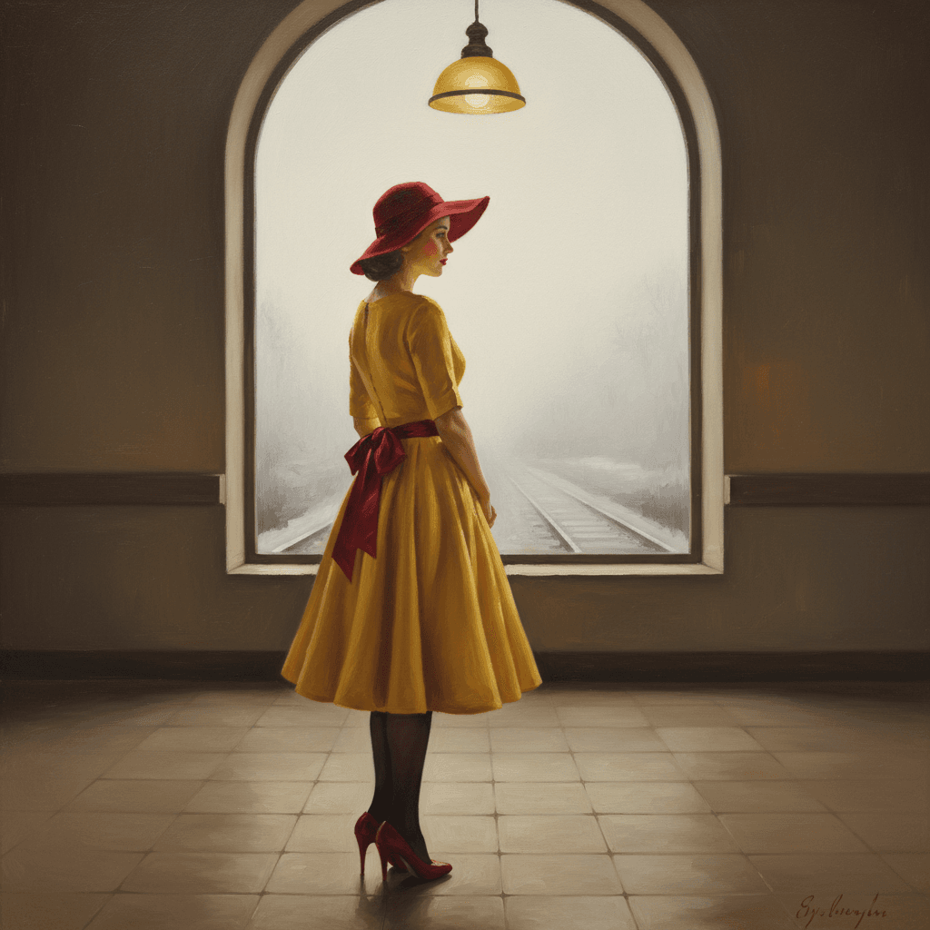 AI generated: A woman, light-skinned, mid-20s, wearing a vibrant yellow, full-skirted swing dress of a 1940s-style...