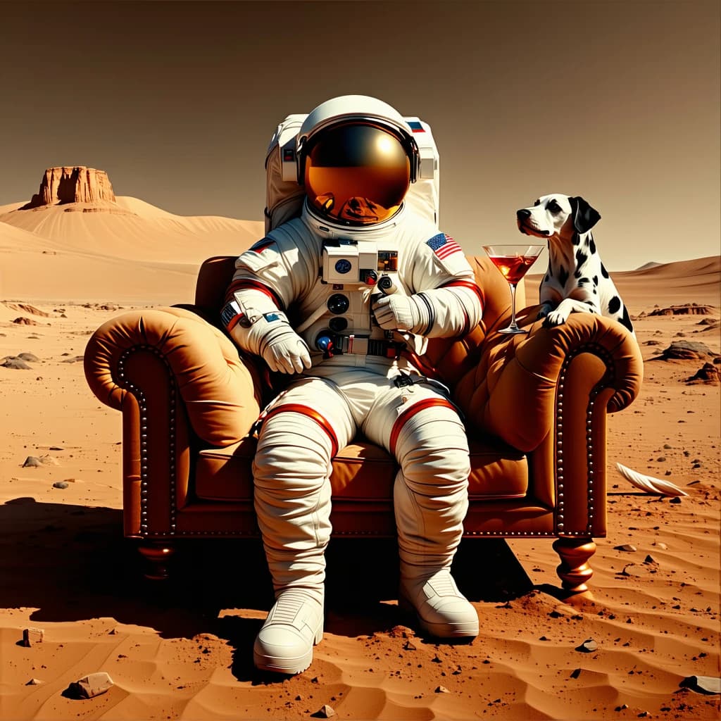 AI generated: create an image of an astronaut on Mars, desert landscape, sepia contracted tone. Astronaut is sitti...