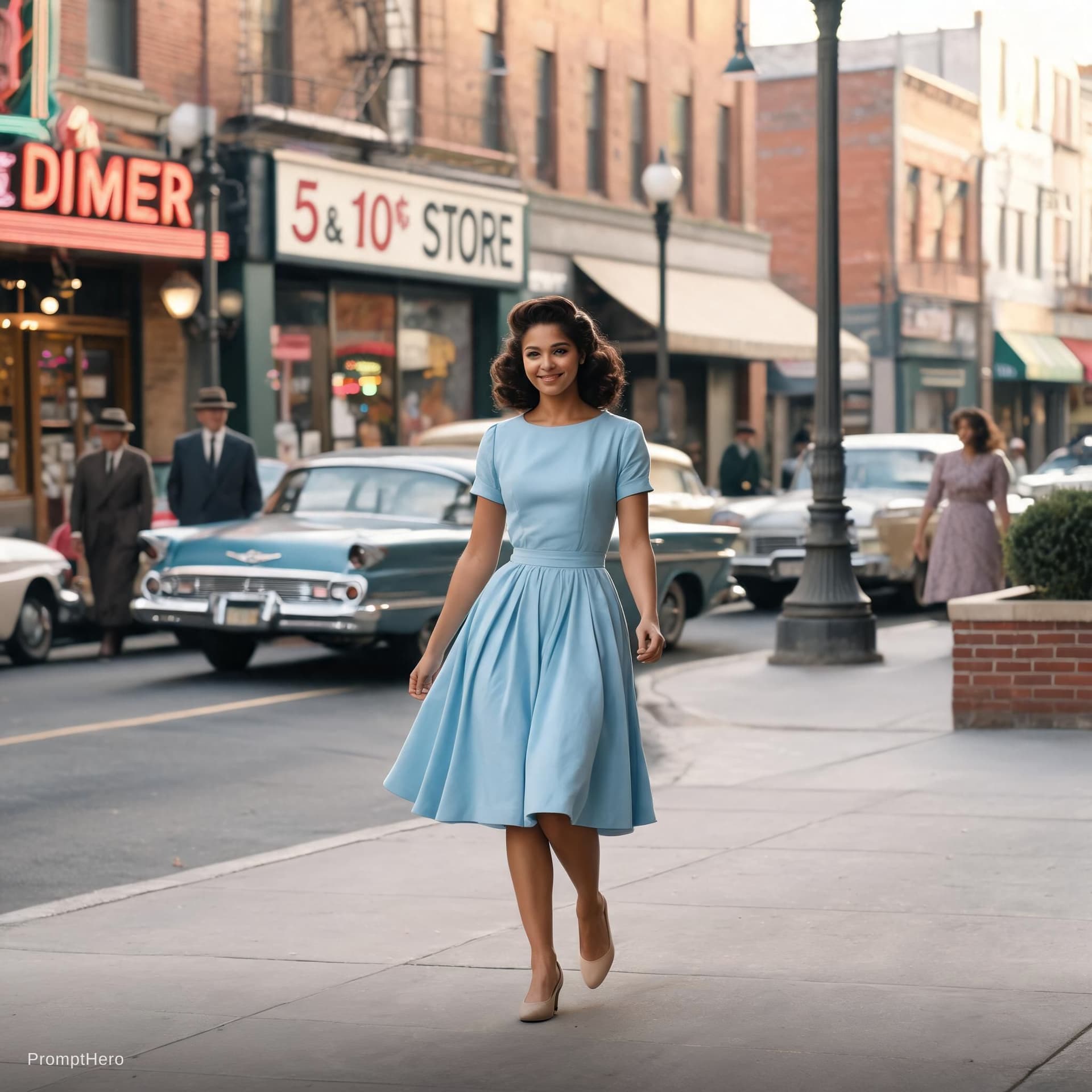 AI generated: A young Latina woman, wide shot, walking down an urban street in the 1950s, wearing a vintage dress ...