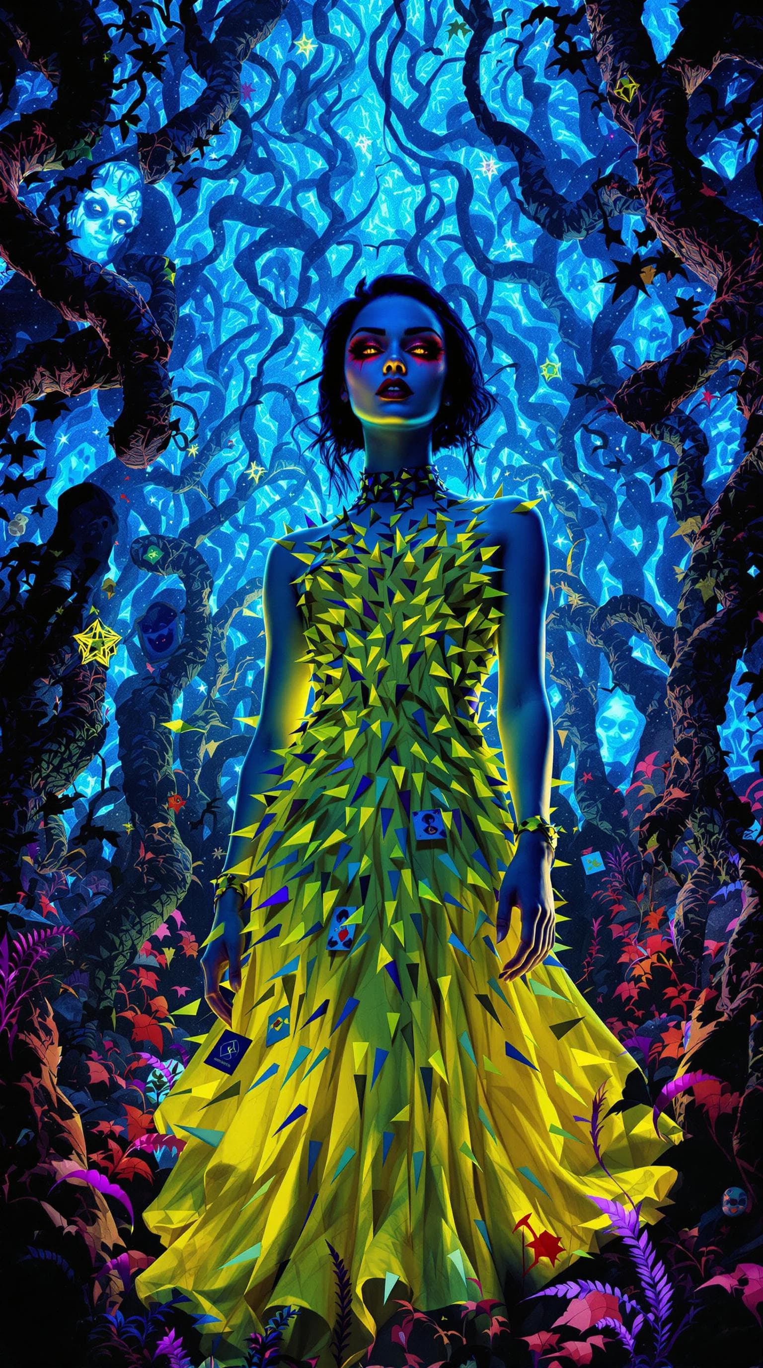 AI generated: a highly detailed, illusionary, and hypnotic trippy horror poster featuring a striking femme fatale ...