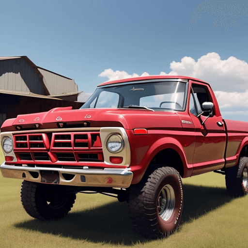 AI generated: 1969 red Ford F-150 in a rural setting on a very sunny summer day with a coke sitting on its hood