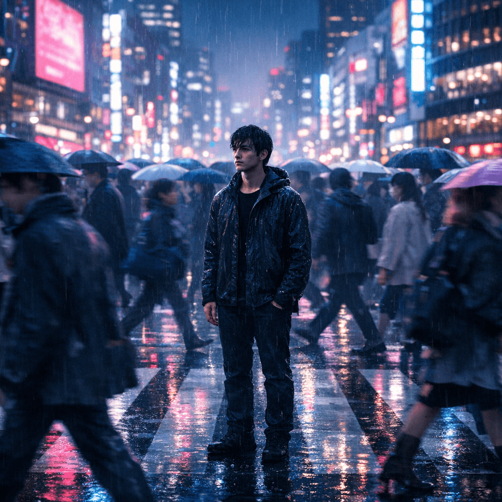 AI generated: metropolis at dusk crowded crosswalk thousands of people walking rushing none looking at each other ...