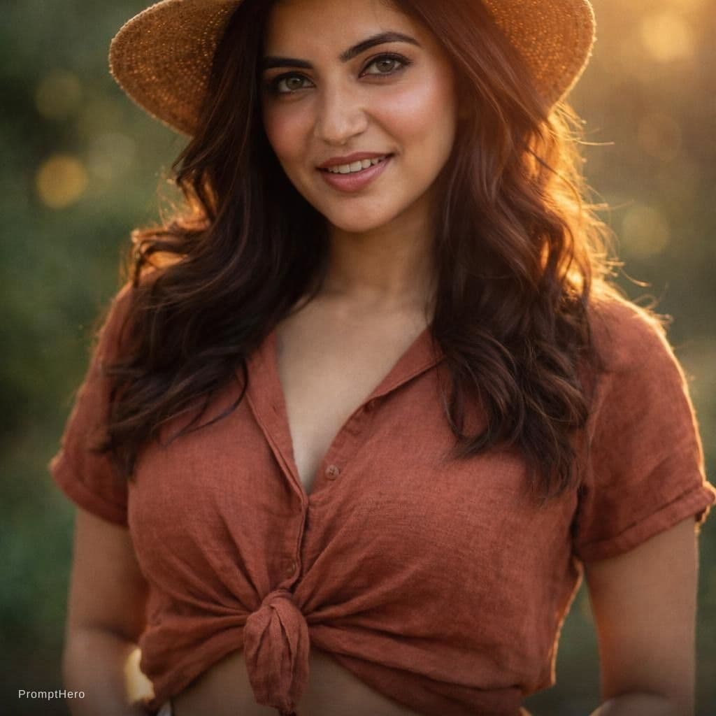 AI generated: A photorealistic portrait of an adult woman standing in a softly lit outdoor setting, captured with ...